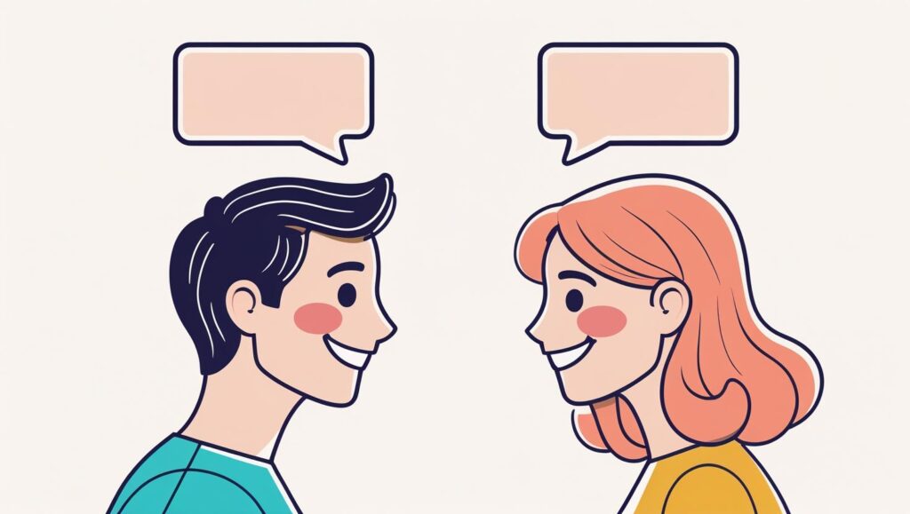 Két felnőtt beszélget, fejük felett szóbuborékok - szóbeli játékok illusztrációja.