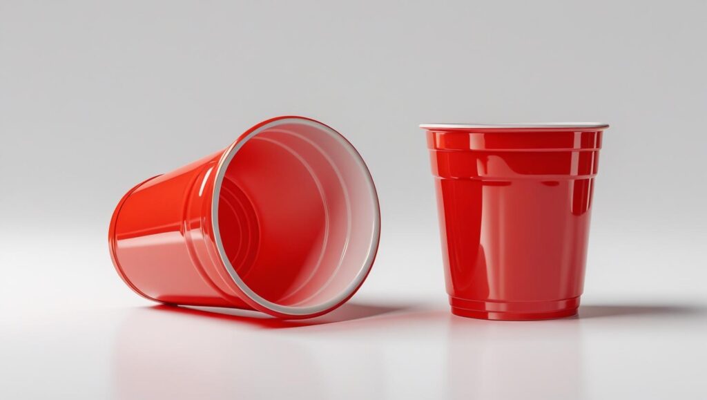 Két piros műanyag pohár az asztalon - parti játékokra ötletek.