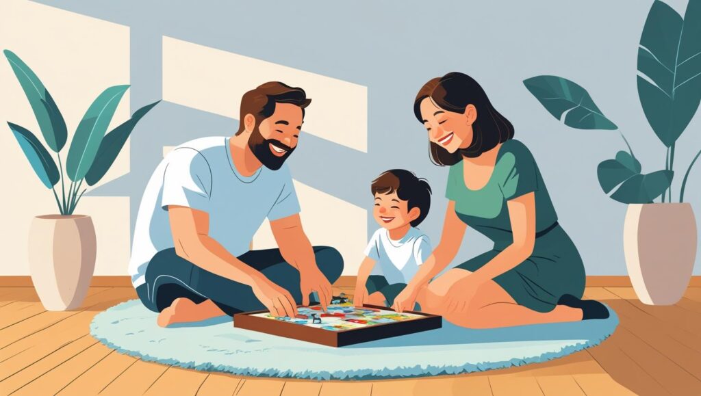 Család együtt játszik a nappaliban a földön ülve - gyerekkel is játszható felnőtt játékok illusztrációja.