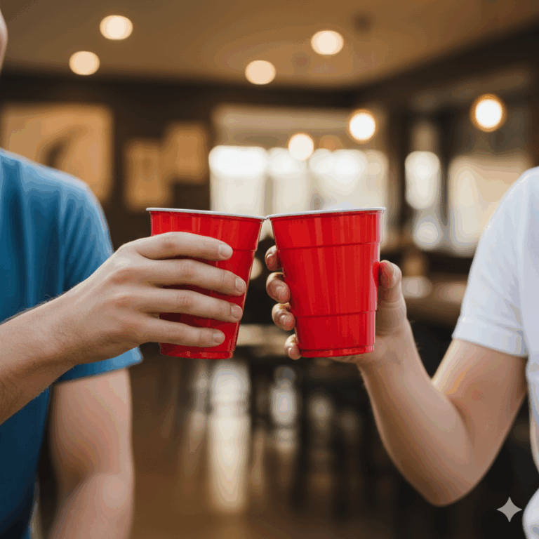 Két kéz műanyag poharakkal koccint – ivós játék barátokkal.