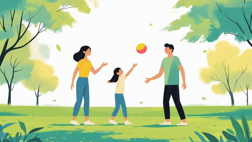 Család játszik a szabadban - szabadban is játszható játékok illusztrációja.