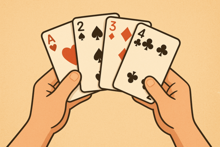 Két kéz francia kártyalapokat tart, középen ász, kettes, hármas és négyes lap látható - kártya játék ötletek.
