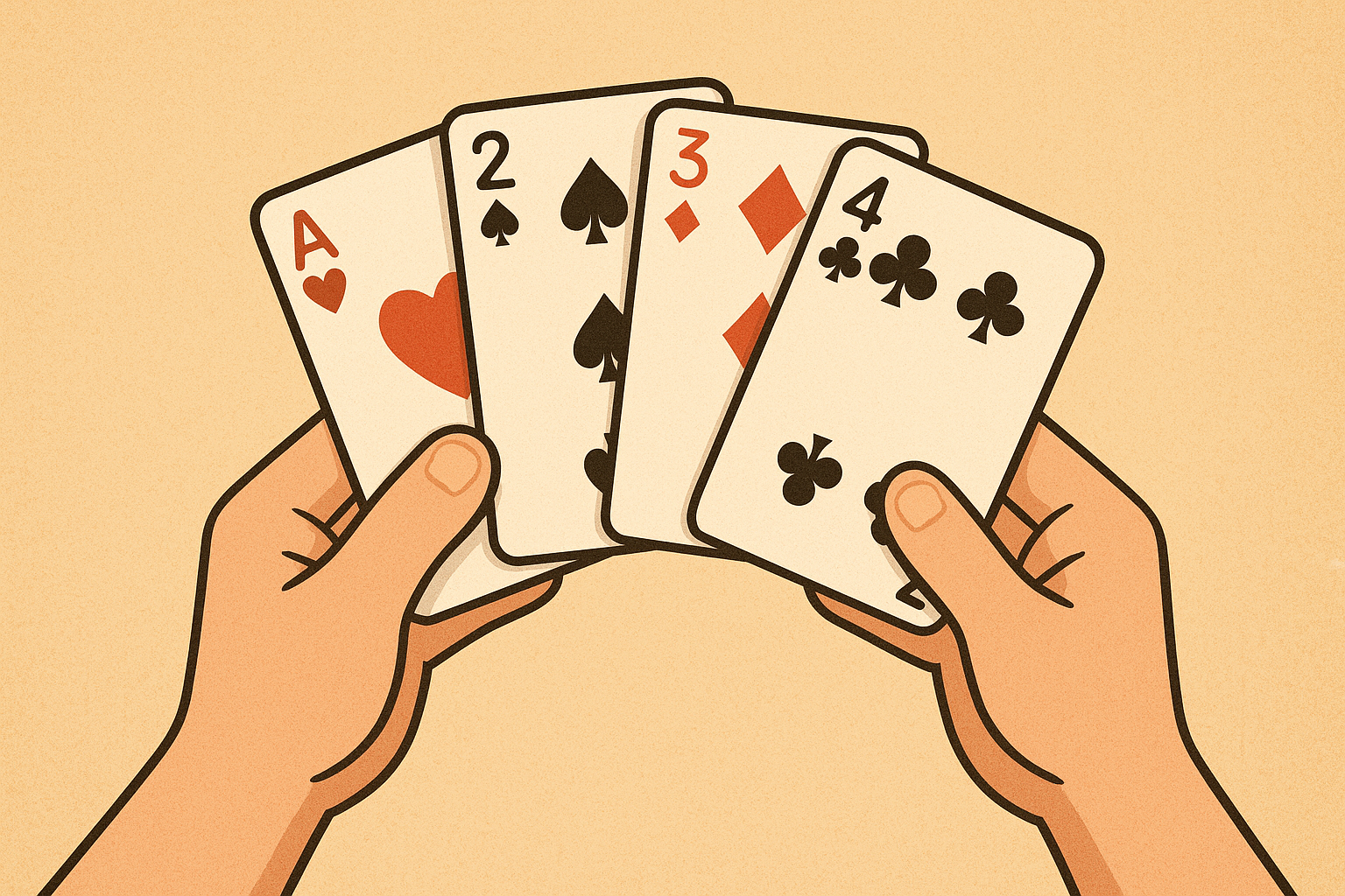 Két kéz francia kártyalapokat tart, középen ász, kettes, hármas és négyes lap látható - kártya játék ötletek.