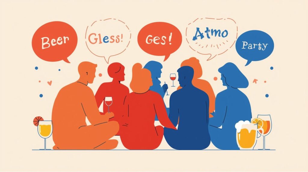 Társaság körben ül, felettük szövegbuborékok látszódnak.