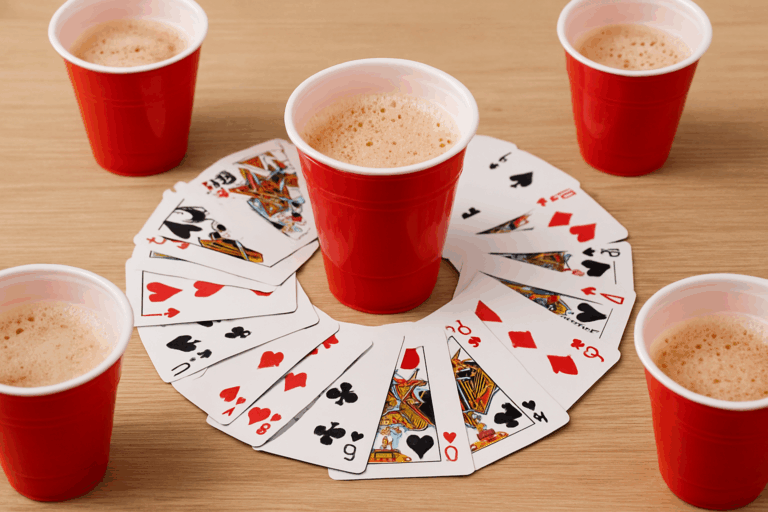 Kings Cup ivós játék asztalon: középen egy pohár, körülötte szétterített francia kártyalapok - kártyajáték ötletek.