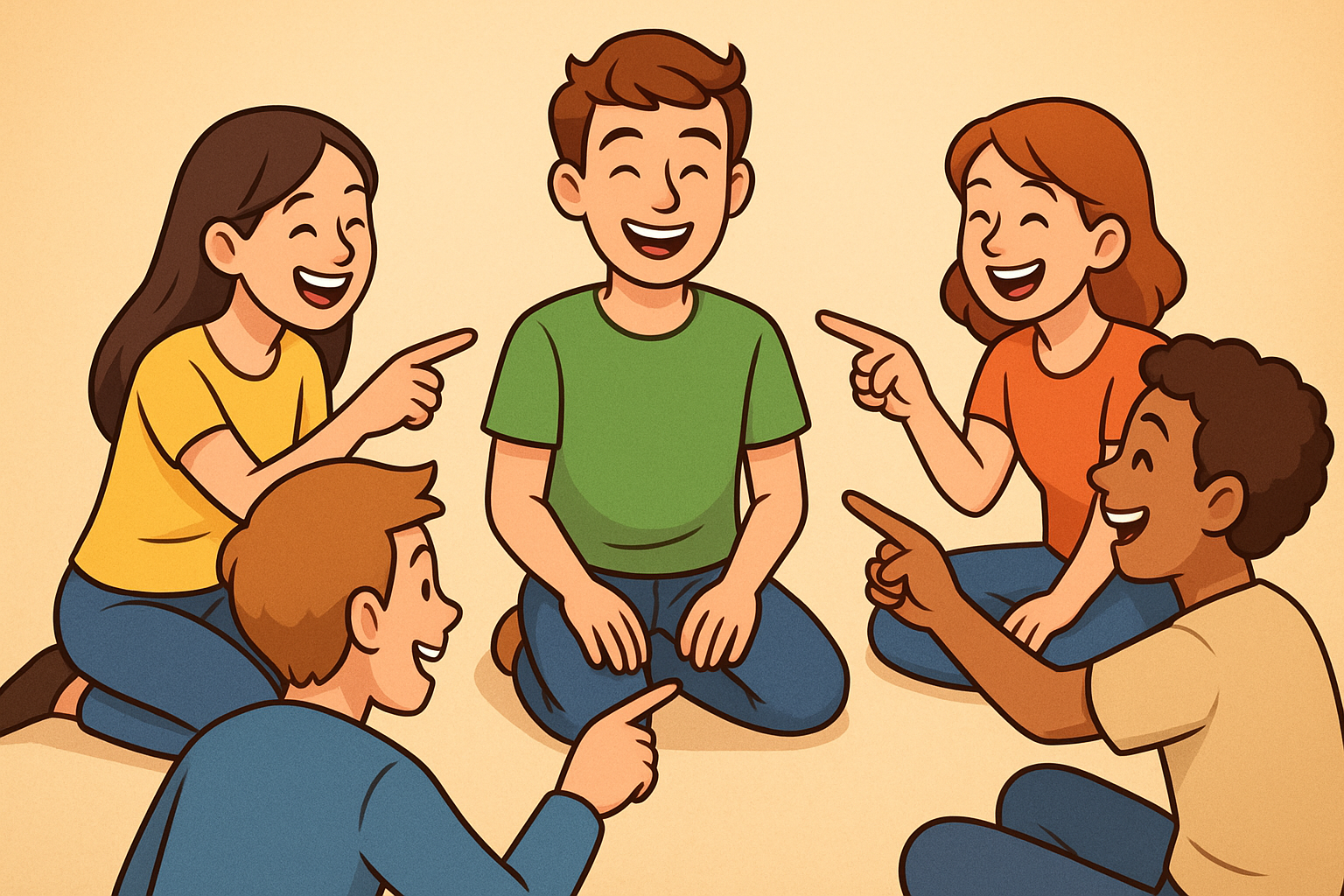 Nevetős társaság körben ül, mindenki egy emberre mutat - szóbeli játék ötletek.