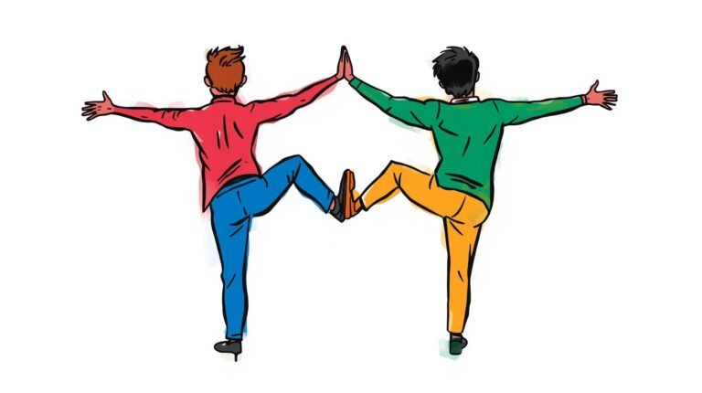 Két fiatal áll egyik lábuknál összeragasztva, miközben egyensúlyozva próbálnak feladatokat teljesíteni - mozgásos játék ötletek.