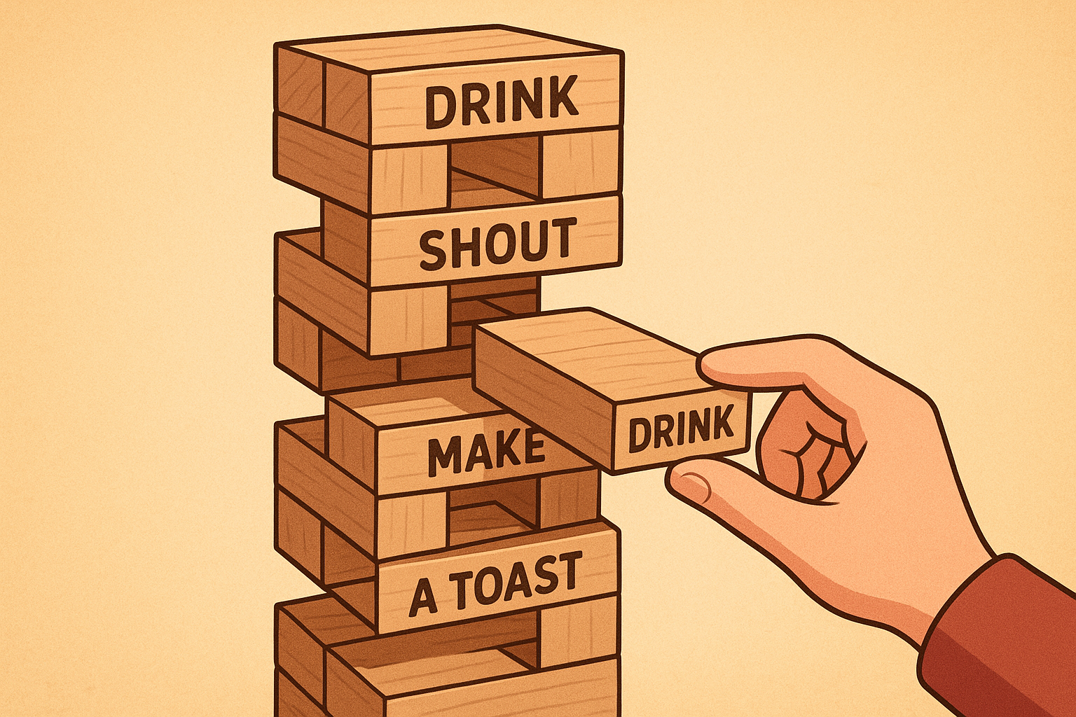 Ivós Jenga játék torony, amelyből egy kéz éppen kihúz egy feliratos fa blokkot - ivős játék ötletek.