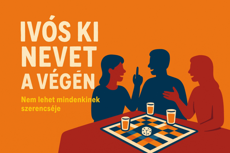 Színes ivós társasjáték illusztráció: feles poharak bábuként egy Ki nevet a végén táblán - táblás játék ötletek.