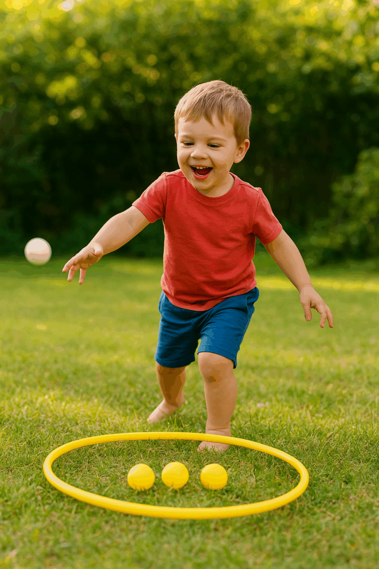 Szabadtéri játék jelenet, a földön fekvő hullahopp karika közepén három sárga pingponglabda látható, feléjük egy fehér pingponglabda repül a levegőben - gyerekkel is játszható játékokhoz ötlet.