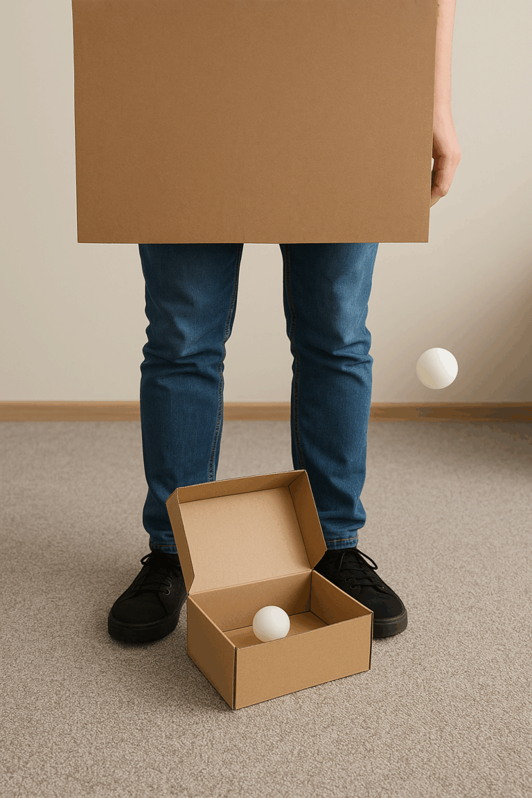 Beltéri játék jelenet, doboz a földön egy fehér pingpong labdával, feléje repül még egy fehér pingponglabda.