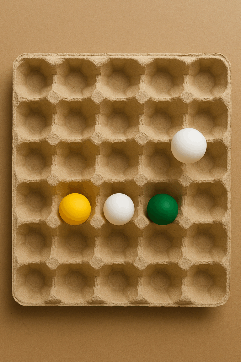 Nagy, 36 rekeszes karton tojástartó, benne különböző színű pingponglabdákkal, a rekeszek többsége üresen maradt.