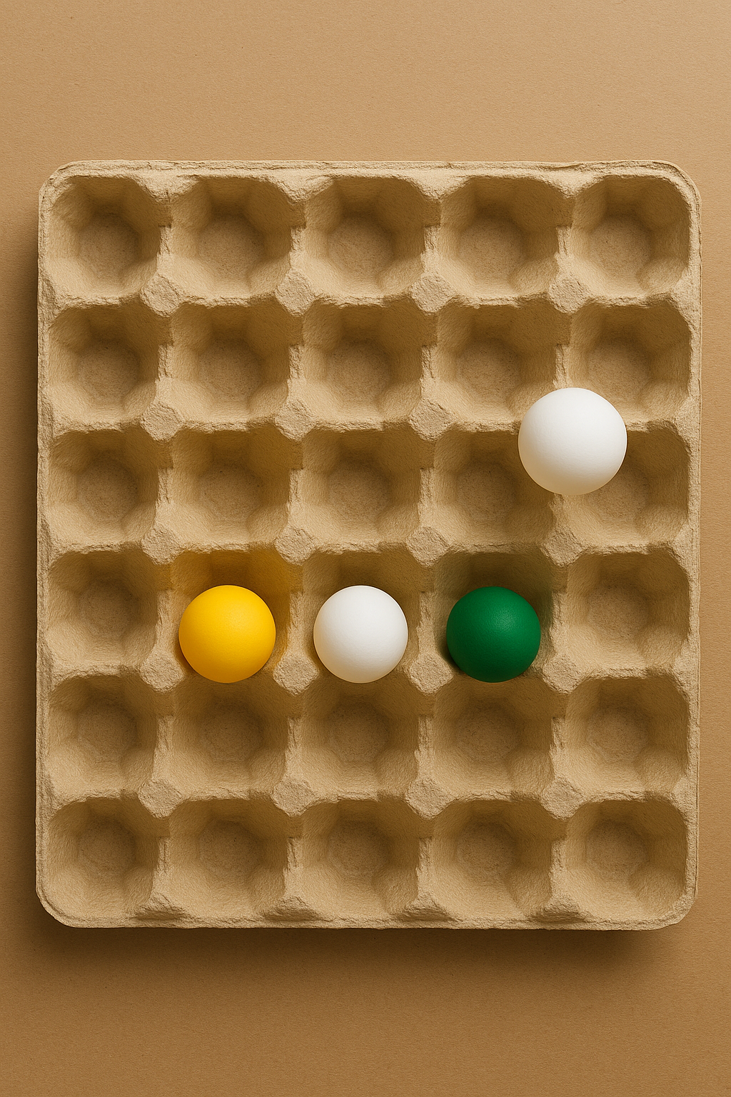 Nagy, 36 rekeszes karton tojástartó, benne különböző színű pingponglabdákkal, a rekeszek többsége üresen maradt.