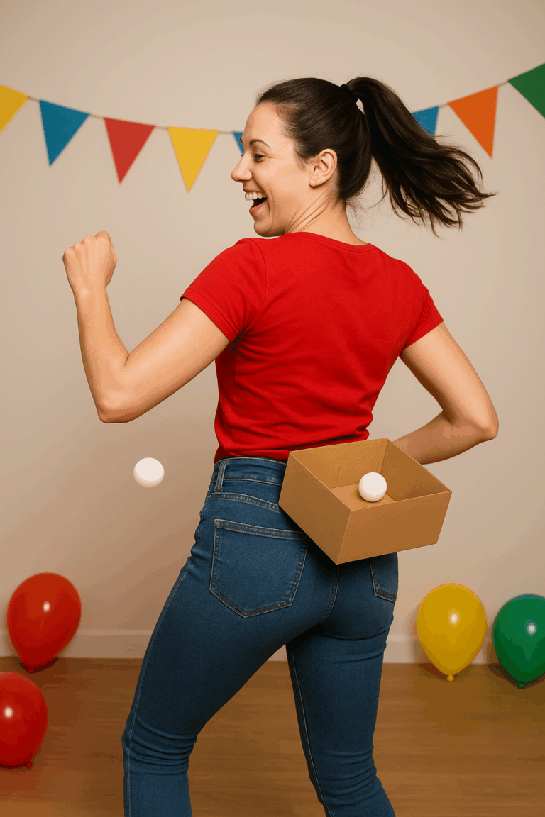 Fiatal nő csípőrázós ügyességi játék közben, derekára erősített dobozból potyognak ki a pingponglabdák egy bulin - mozgásos játék ötletek.