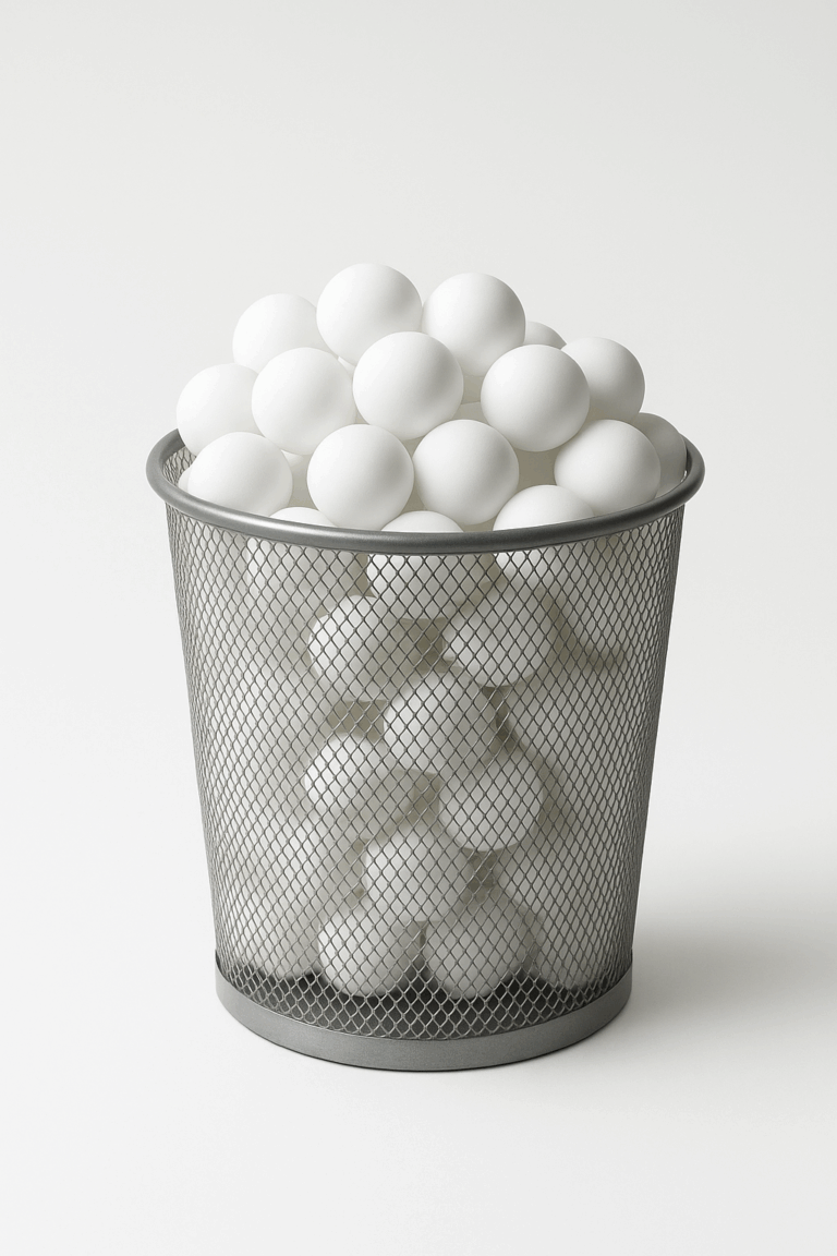 Papírkosár tele fehér pingpong labdákkal fehér háttér előtt – pingpong labdás játék illusztráció.