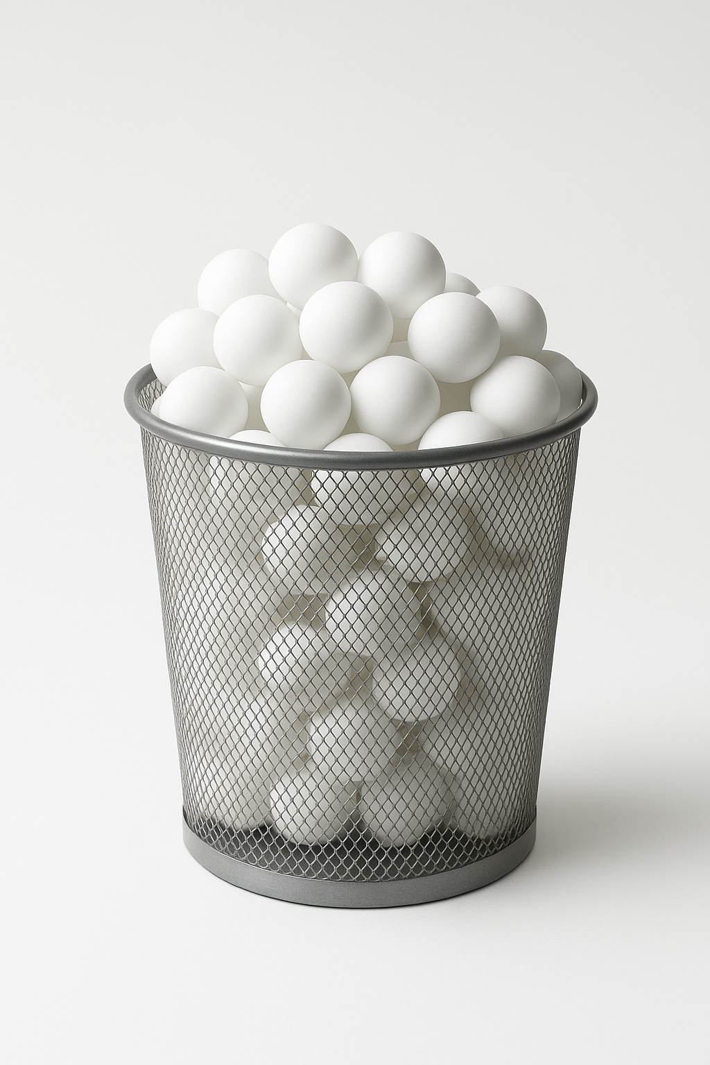 Papírkosár tele fehér pingpong labdákkal fehér háttér előtt – pingpong labdás játék illusztráció.