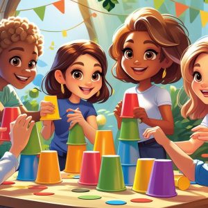 Műanyag poharakkal játszó társaság - ügyességi játékokra ötletek.