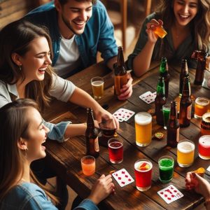 Baráti társaság ivós játék közben, kártyákkal az asztalon.