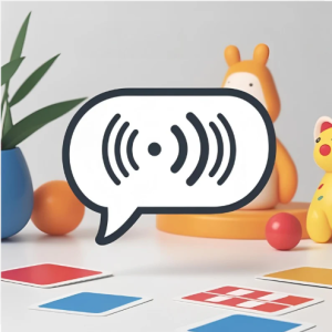 Szóbeli játék illusztrációja beszédbuborékkal és kártyákkal.