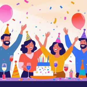 Baráti társaság szülinapot ünnepel, lufikkal, tortával - szülinapra játék ötletek.